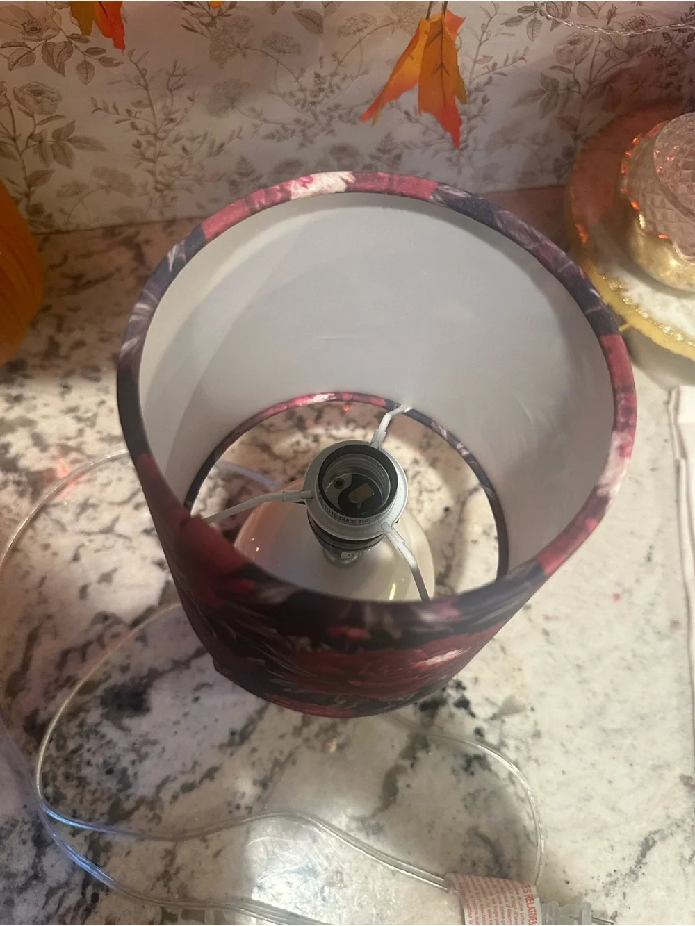 White Ceramic Table Lamp with Red Floral Shade - Unbranded